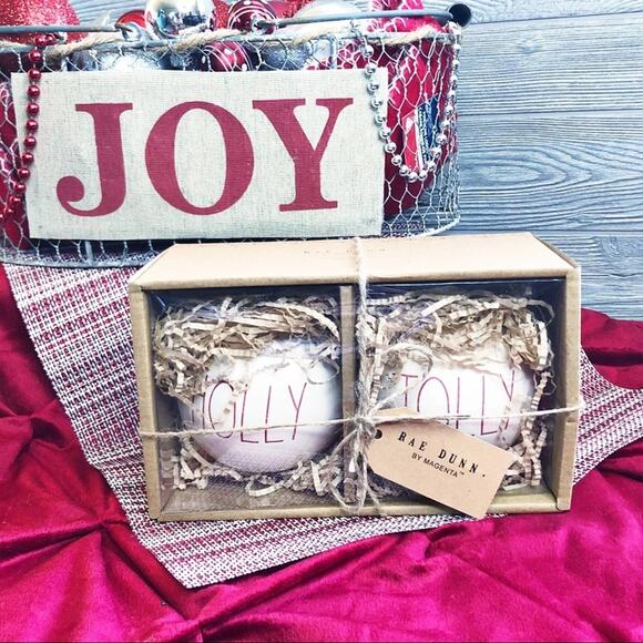 Rae Dunn “ HOLLY ~ JOLLY “ ornament set white NEW - Picture 1 of 6